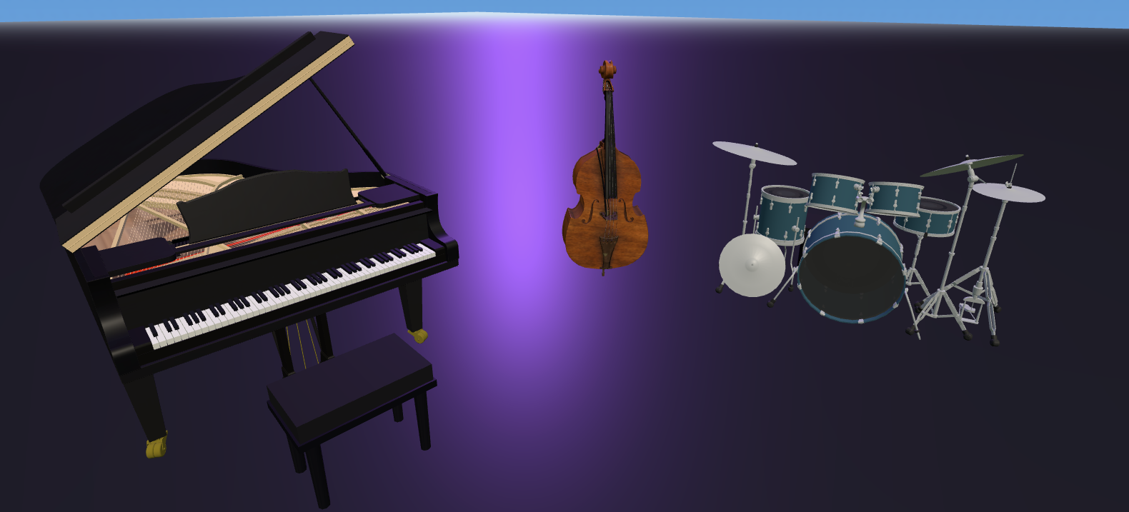 3D stage with piano, bass and drums